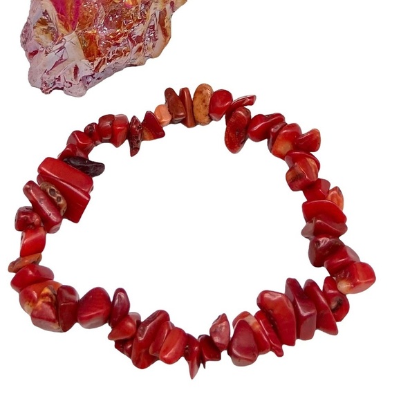 Red Coral Branch Stick Gemstone Chips Beaded Stretch Bracelet Natural Stone - Picture 3 of 3